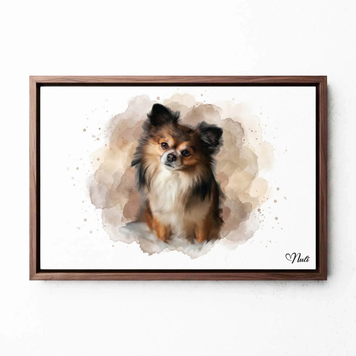 Hundeportrait im Aquarell-Stil (Querformat) - Rahmen Walnuss