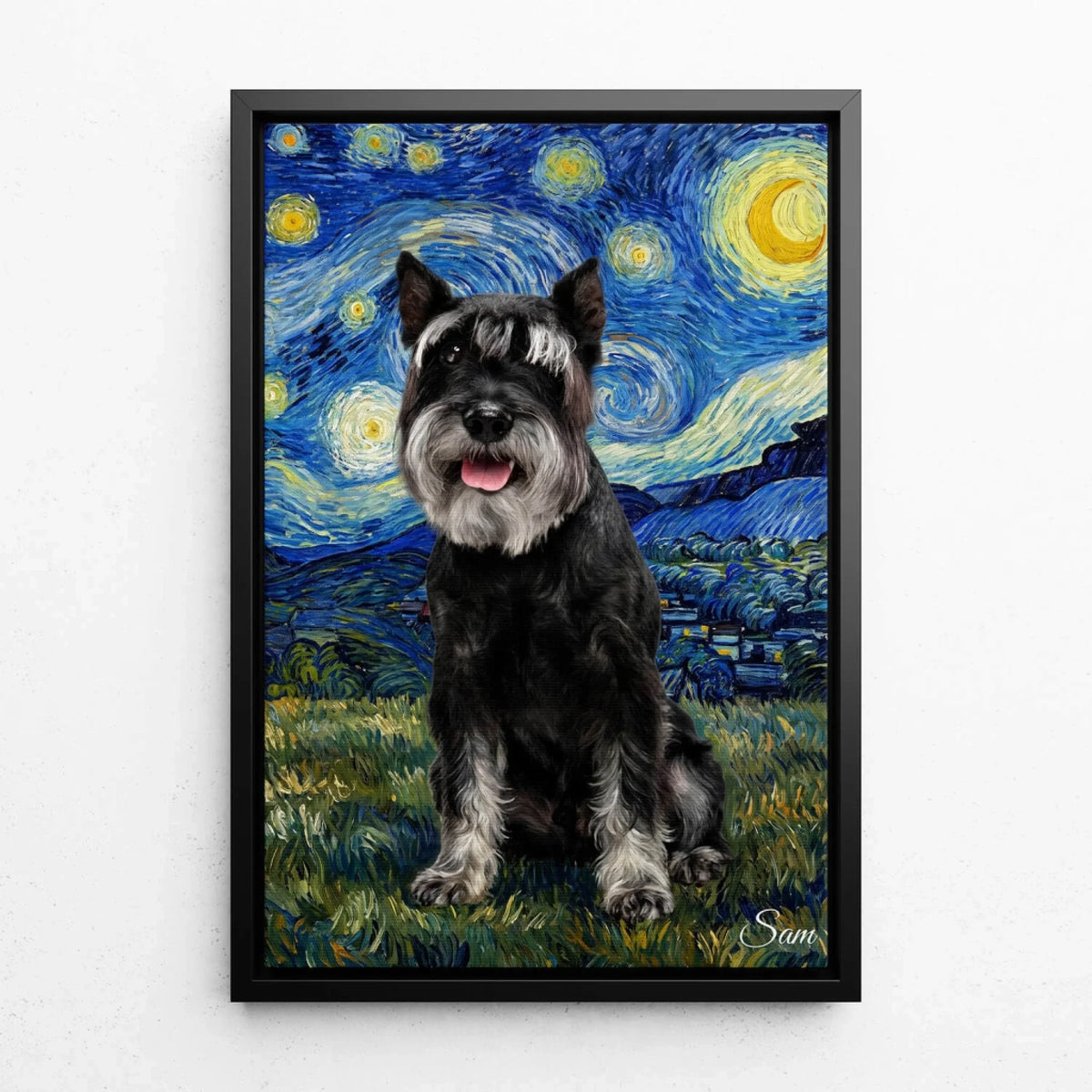 Koiran muotokuva Van Gogh -tyylissä omasta kuvastasi - kangas mustalla kehyksellä