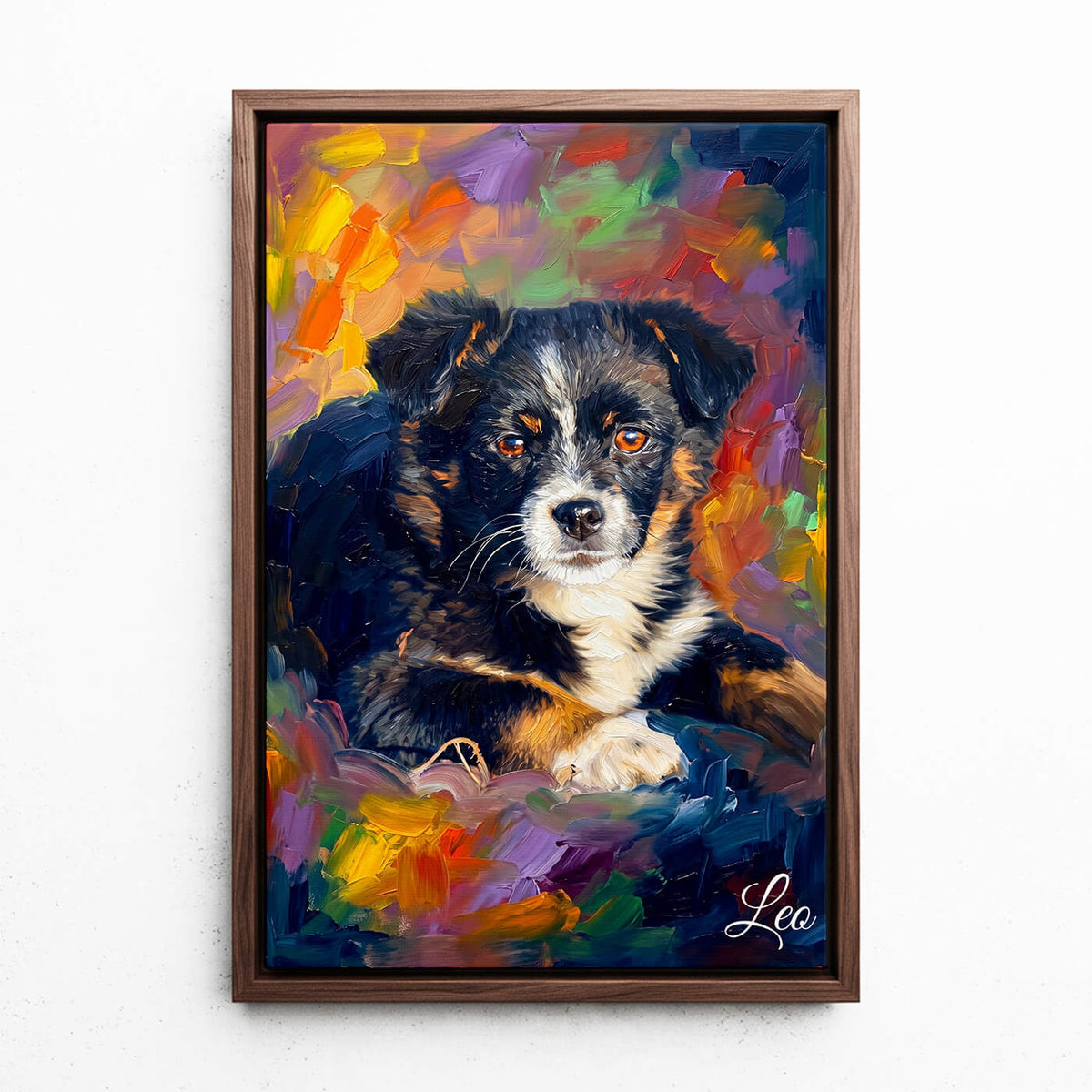Koiramuotokuva pop art -tyylillä omasta kuvastasi - kangas pähkinäkehyksellä