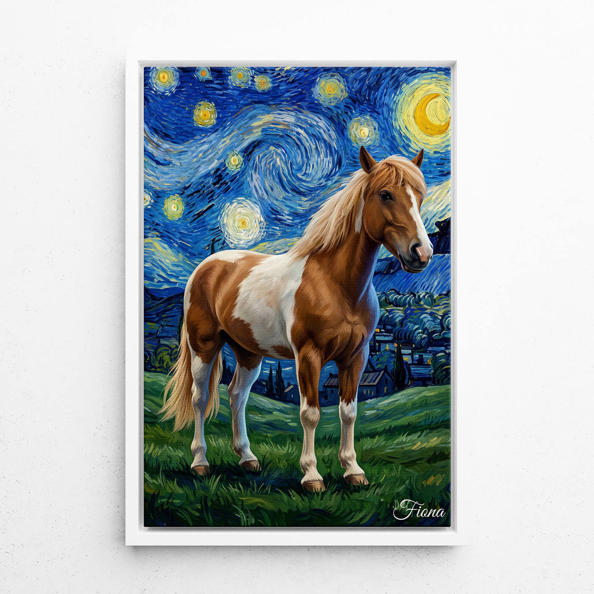 Hevosmuotokuva Van Gogh -tyylillä omasta kuvastasi - kangas valkoisella kehyksellä