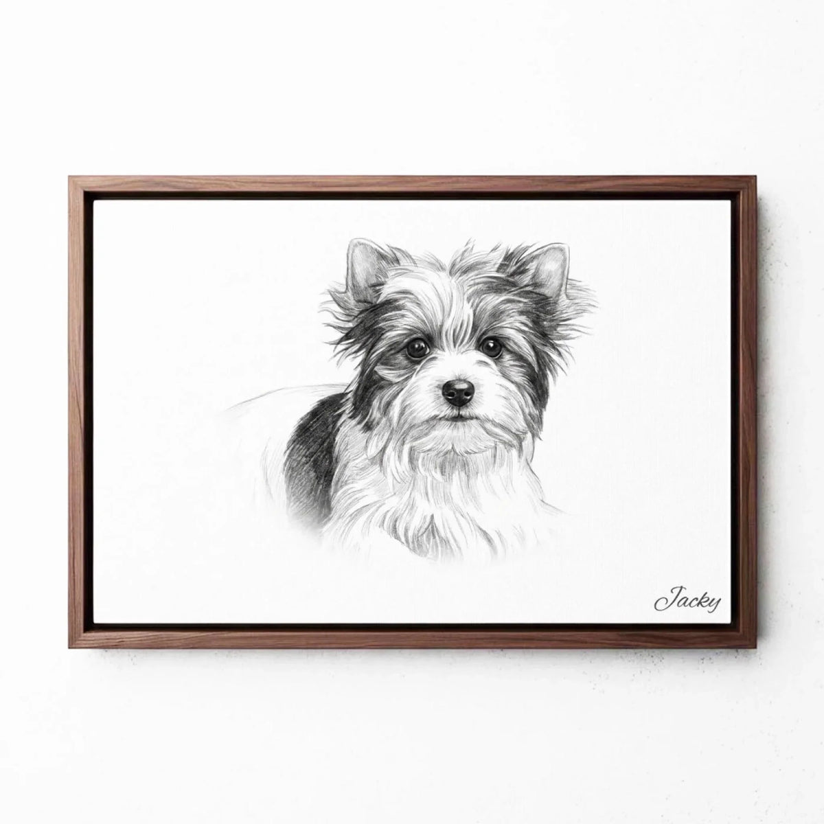 Hundeportrait im Bleistift-Stil (Querformat) - Rahmen Walnuss