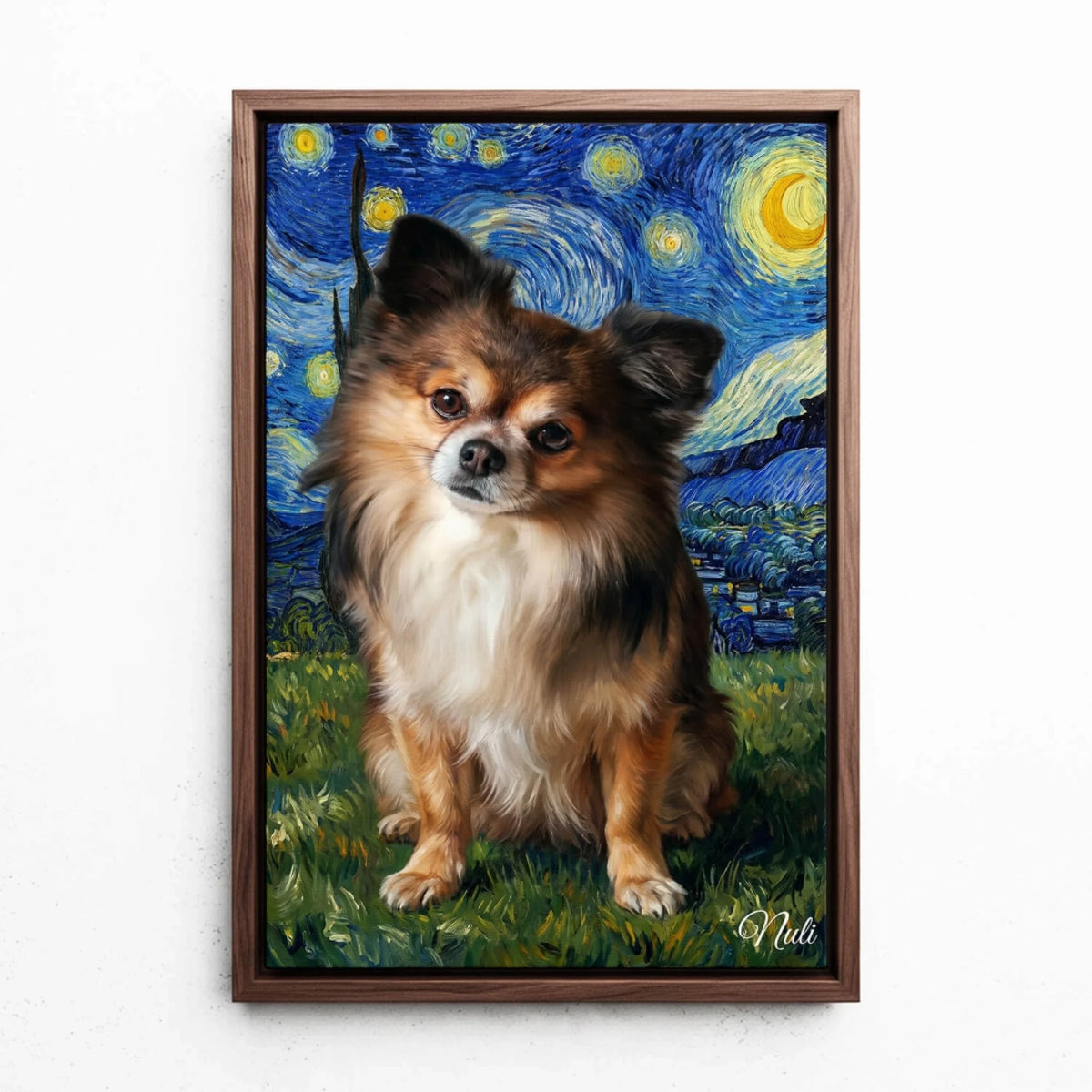 Koiran muotokuva Van Gogh -tyylissä omasta kuvastasi - kangas pähkinäkehyksellä