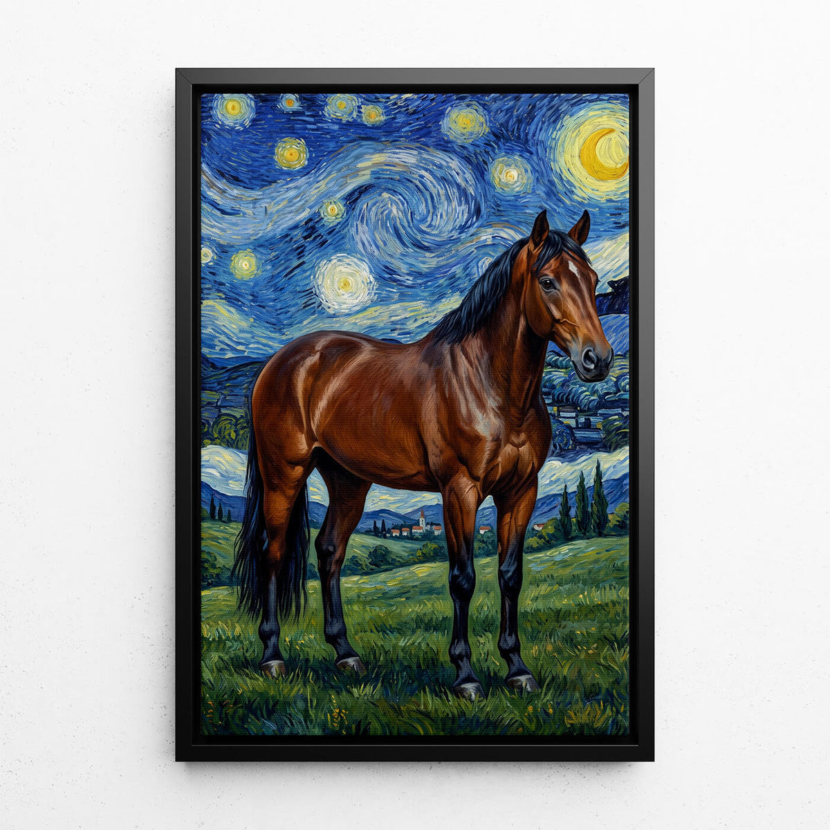 Hevosmuotokuva Van Gogh -tyylillä omasta kuvastasi - kangas mustalla kehyksellä